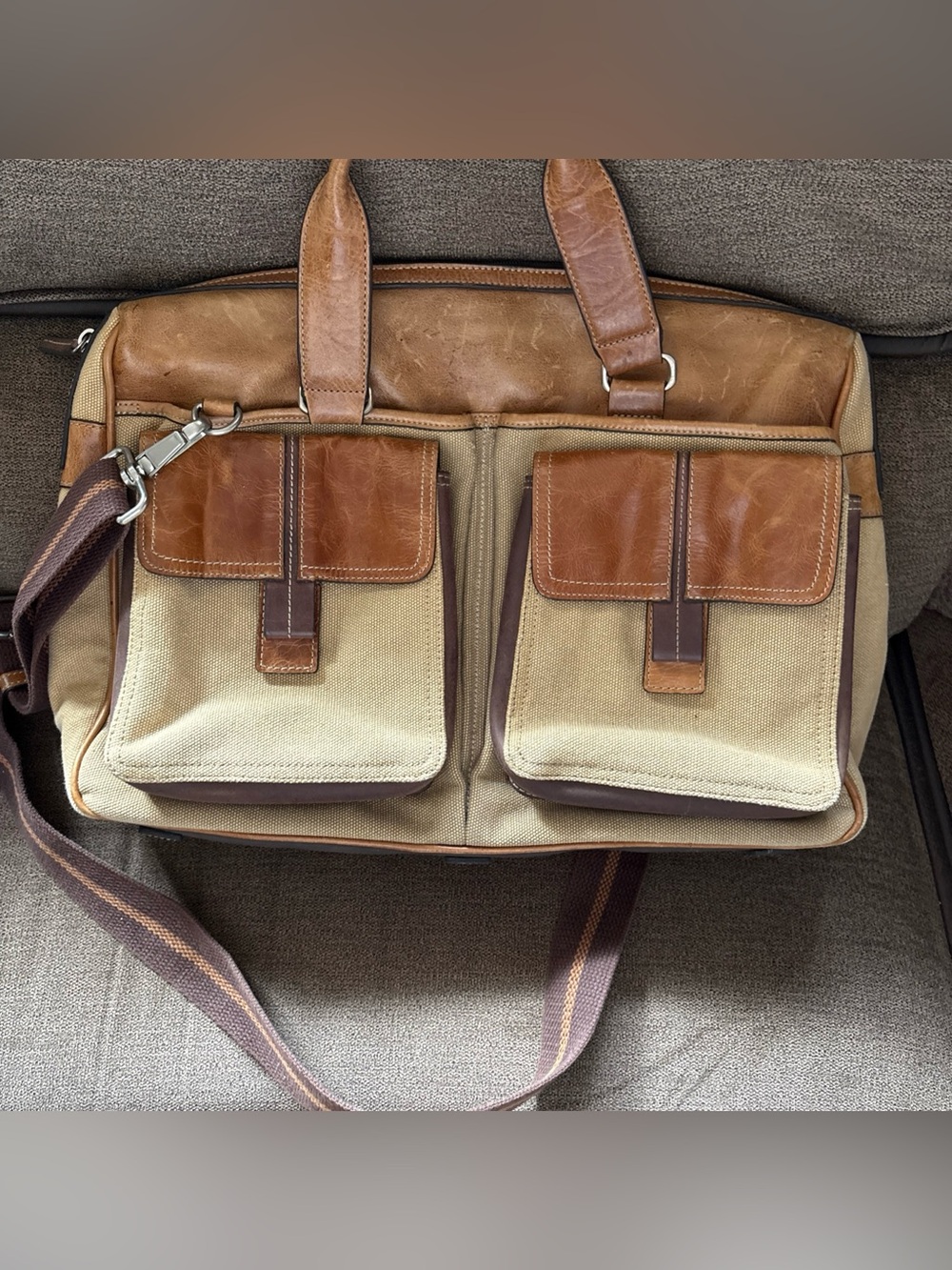 Vintage Fossil Tan /brown Canvas Leather Messenger Bag Laptop Nice!